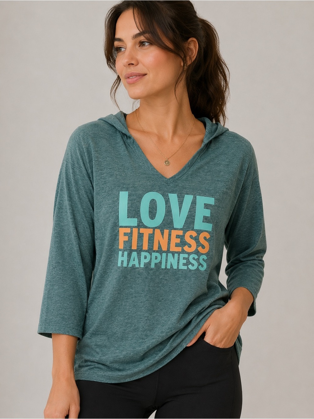 Crunch Hooded Long Sleeve T-Shirt Love Finess Happiness V-Neck 3/4 Sleeve Size L
